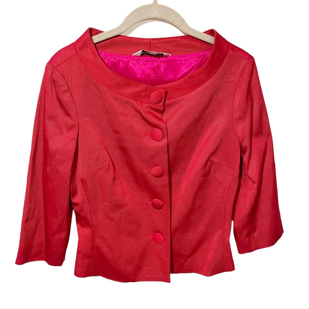 Trina Turk Size 4 Red Boat Neck Full Button Quarter‎ Sleeve Blazer Jacket